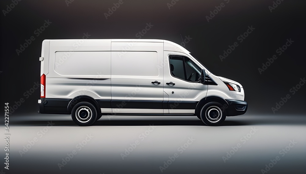 White delivery van on grey background with copy space
