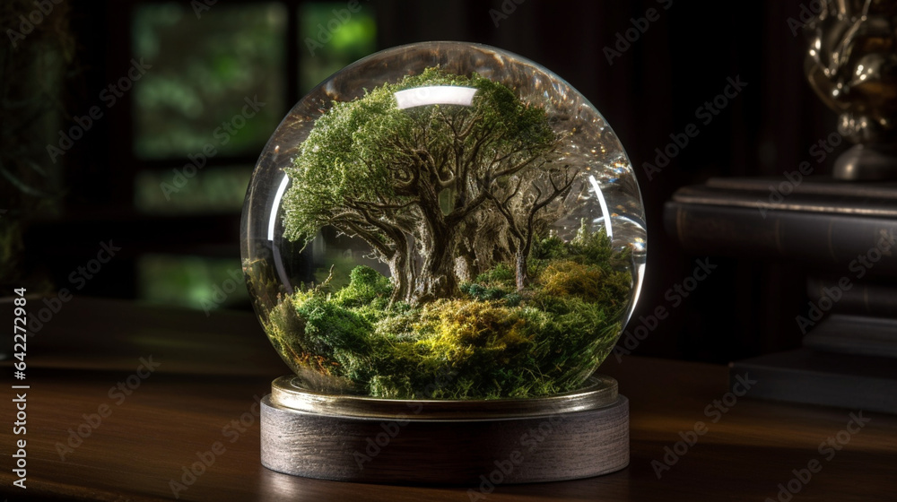 tree in glass ball. Lens Sphere Crystal Ball Focusing Sun Rays and reflecting countryside woodland tree in glass ball. Lens Sphere Crystal Ball Focusing Sun Rays and reflecting countryside woodland