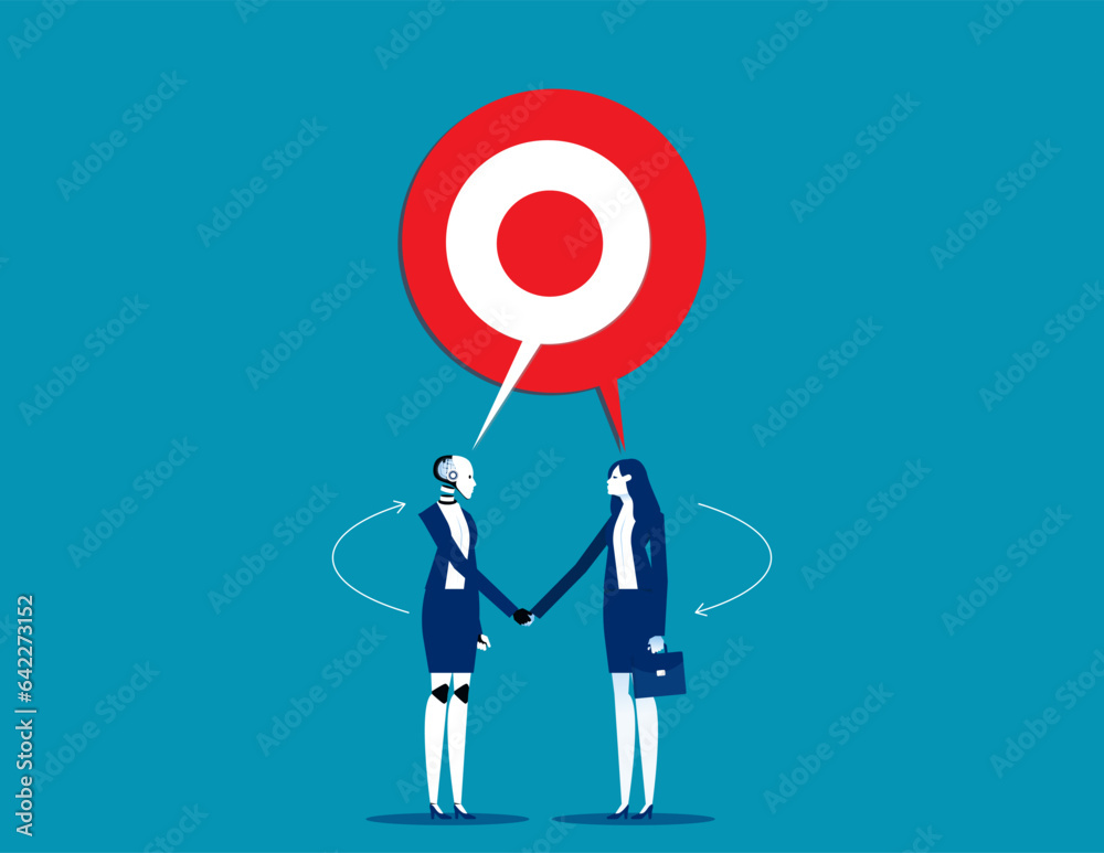 Robot and Human talking with shared target speech bubbl. Artificial intelligence business vector illustration Robot and Human talking with shared target speech bubbl. Artificial intelligence business vector illustration