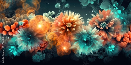 Beautiful abstract coral, turquoise, and yellow night photo floral design background banner. beautiful Generative AI AIG32 © Summit Art Creations