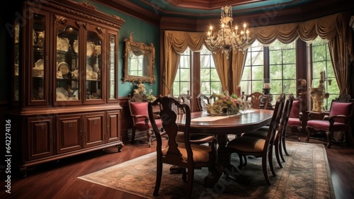 Interior design inspiration of Traditional Classic style home dining room loveliness decorated with Mahogany and Crystal material and Bay Window .Generative AI home interior design .