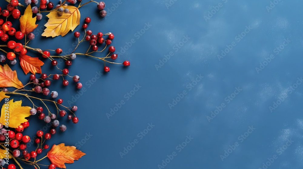 Autumn leaves and berries on blue background, top view, celebrated Thanksgiving and Halloween autumn background with copy space.