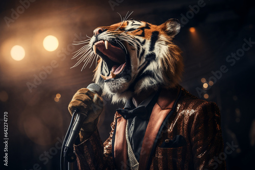 cute tiger singing through microphone with stage background