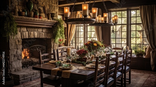 Interior design inspiration of Traditional Rustic style home dining room loveliness decorated with Stone and Leather material and Fireplace .Generative AI home interior design .