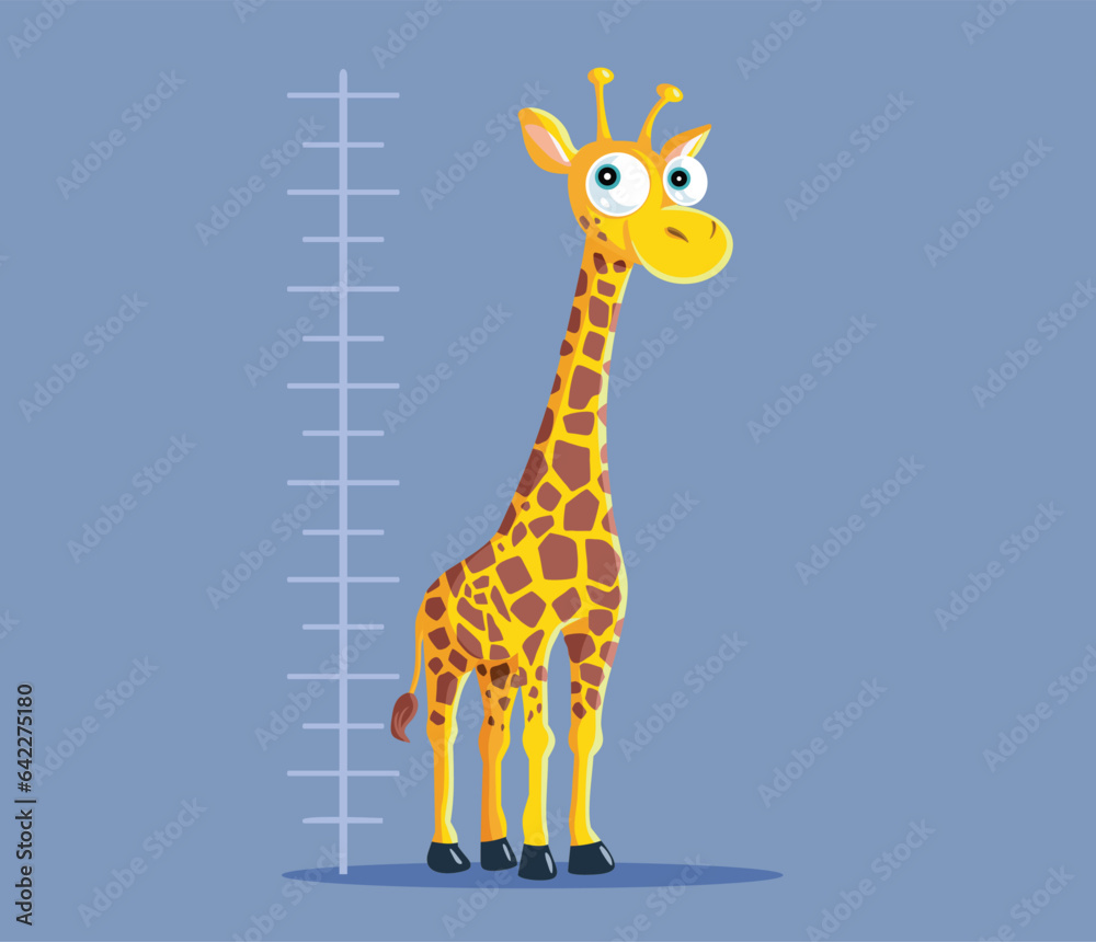 Fototapeta premium Funny Cartoon Giraffe Measuring her Height with a Chart Vector Cartoon Illustration. Cheerful tall animal standing next to a size measuring meter 