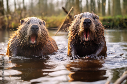 Angry beavers in the water © Veniamin Kraskov