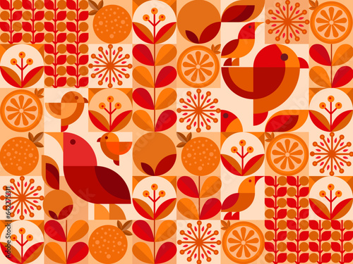 Hand drawn flat design geometric mosaic pattern with natural bird and plant shapes for background