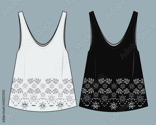 flat technical sketch drawing template tank top with lace fashion details. vintage lace cotton design vector illustration. lace fashion CAD mock up design for clothing, garments, apparel.