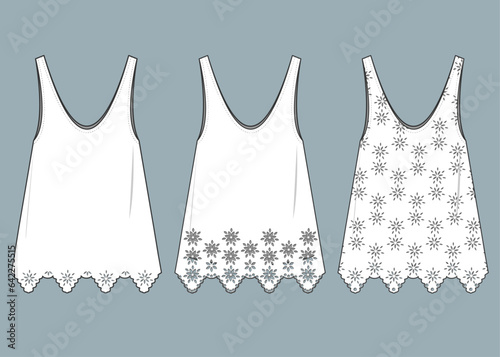 flat technical sketch drawing template tank top with lace fashion details. vintage lace cotton design vector illustration. lace fashion CAD mock up design for clothing, garments, apparel.