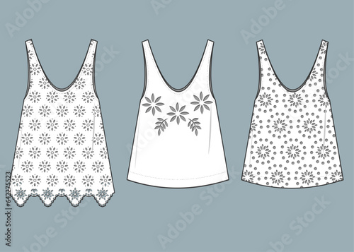 flat technical sketch drawing template tank top with lace fashion details. vintage lace cotton design vector illustration. lace fashion CAD mock up design for clothing, garments, apparel.