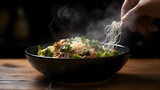 Noodles filled with meatballs meat, delicious celery fragrant, vegetables ,hand using chopsticks to pick up cooked with steam and smoke in a bowl on a wooden background. Generative AI Illustration.