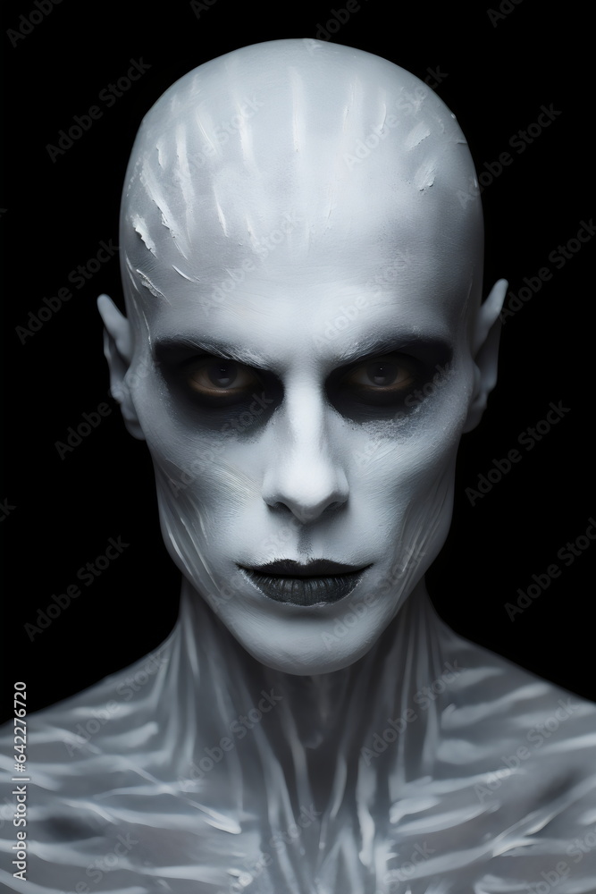 face with spooky white ghost halloween makeup isolated on dark black background