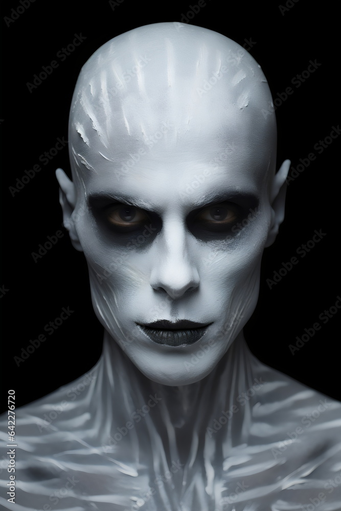 face with spooky white ghost halloween makeup isolated on dark black background face with spooky white ghost halloween makeup isolated on dark black background
