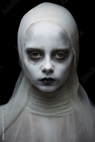 child with spooky white ghost halloween makeup and gossamer fabric hood isolated on dark black background