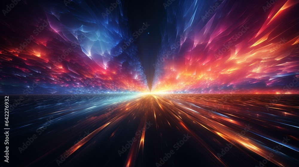 Background in space warp, hyperspace, and light speed. light rays of various colors congregate around the event horizon..