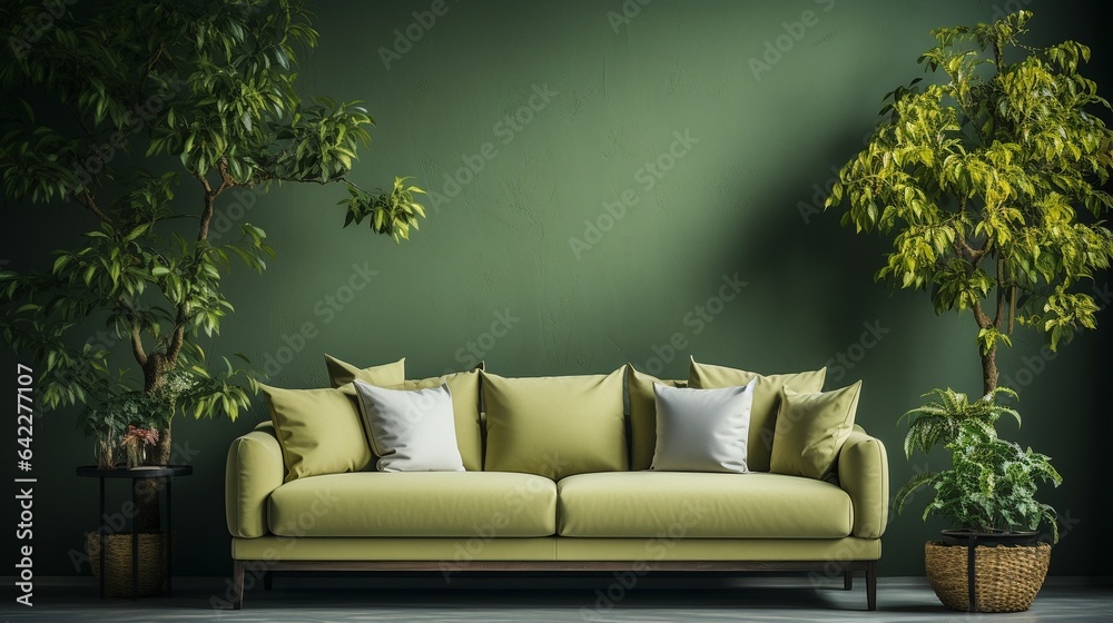 Interior of a contemporary living room with a green sofa, green plants, and green walls.. Interior of a contemporary living room with a green sofa, green plants, and green walls..
