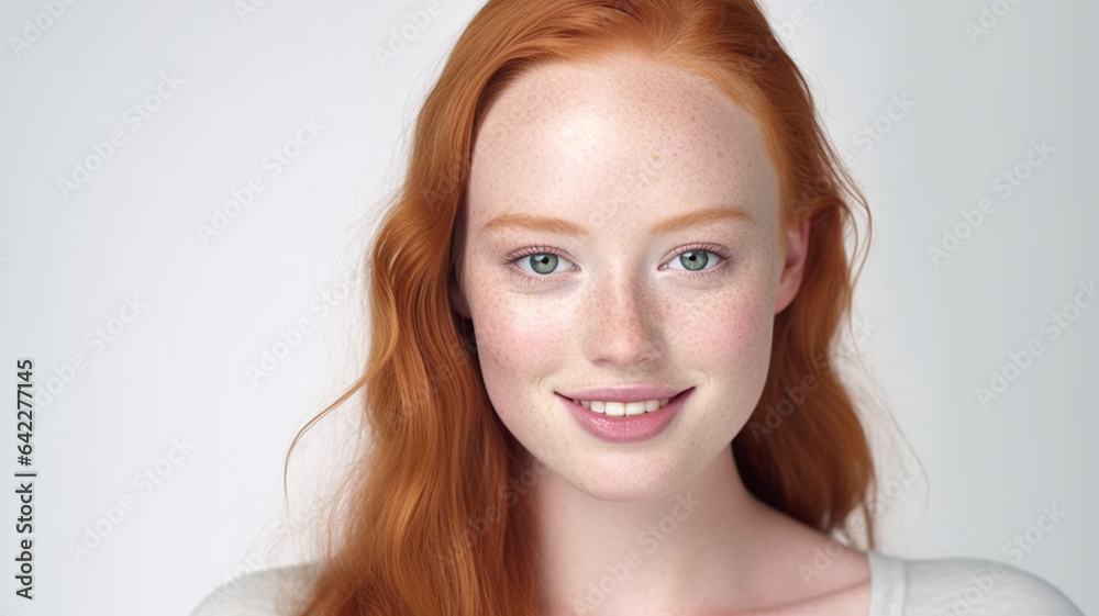 adult female, red hair, high forehead ,freckles, red-haired, long hair, slim, 20sk, smiling, green eye color, portrait front view, cozy casual sweater adult female, red hair, high forehead ,freckles, red-haired, long hair, slim, 20sk, smiling, green eye color, portrait front view, cozy casual sweater