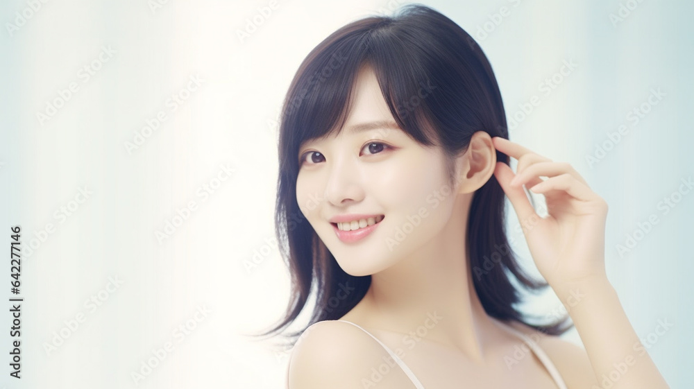 pushes her hair behind her ear, petite young adult woman with light white skin, cute, asian fictional place, dark long hair, introvert shy pushes her hair behind her ear, petite young adult woman with light white skin, cute, asian fictional place, dark long hair, introvert shy