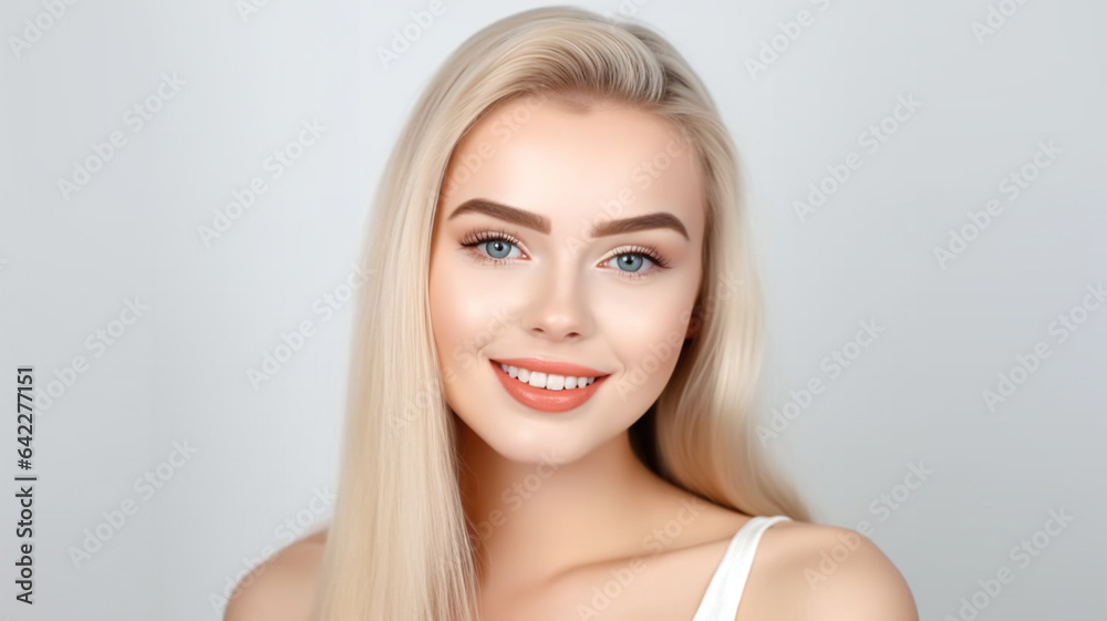 adult woman, blond long hair, blonde, straightened hair, wears summer tank-to pdoer tank top, cozy casual, portrait, light white skin color, pastel-colored lipstick, front view portrait