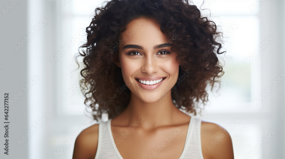 Adult multi ethnic woman ,slim, summer tank top shirt, curly brunette hair, smiling joyful happy, sunny day, indoor, white wall and window, attractive nice personable Adult multi ethnic woman ,slim, summer tank top shirt, curly brunette hair, smiling joyful happy, sunny day, indoor, white wall and window, attractive nice personable
