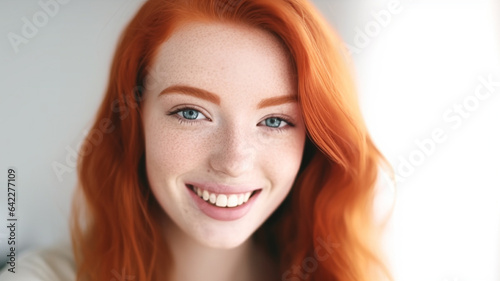 young adult woman with red hair ,redhead, freckles on face, 20s, very fair white skin, smiling and looking forward, new day early morning, motivated and in a good mood, beautiful life