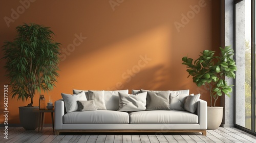 Mock-up of a poster frame with a background of a living room in warm, gray tones in a home.. © Sawitree88