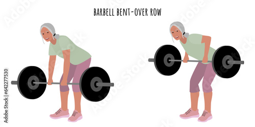 Senior woman doing barbell bent-over row exercise