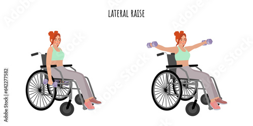 Woman on wheelchair doing lateral raise exercise