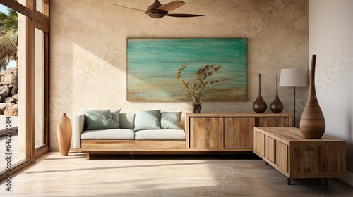 a three-door  hyper-realistic teak and rattan sideboard in a modern tropical mansion..