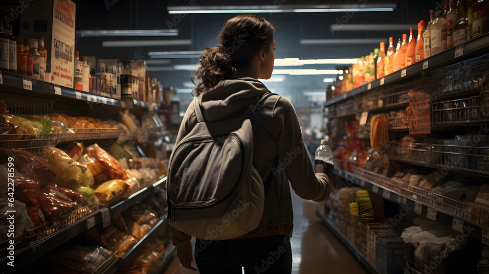 arafed woman in a grocery store with a backpack walking down the aisle Generative AI