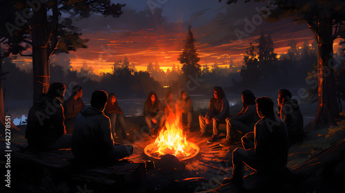 there are many people sitting around a campfire at night Generative AI