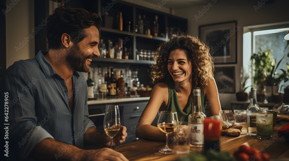 smiling couple sitting at a bar with wine glasses and food Generative AI