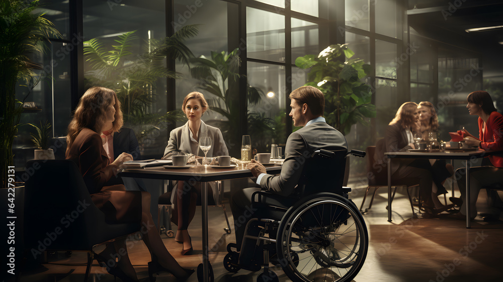people sitting at a table in a restaurant with a wheelchair Generative AI people sitting at a table in a restaurant with a wheelchair Generative AI