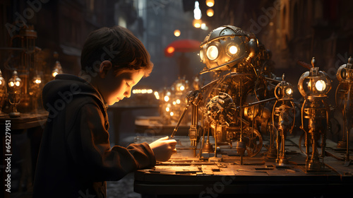 boy looking at a robot in a dark room with many lights Generative AI