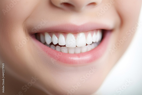 Close-up of smiling young girl showing neat white teeth