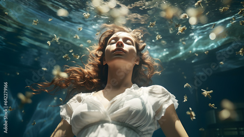 there is a woman in a white dress under water Generative AI
