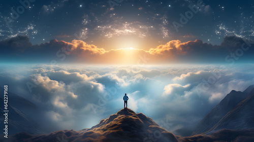 arafed view of a man standing on a mountain top with a view of the sky Generative AI