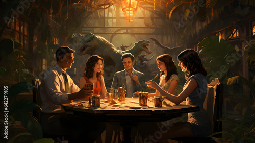 there are four people sitting at a table with drinks and dinosaurs Generative AI