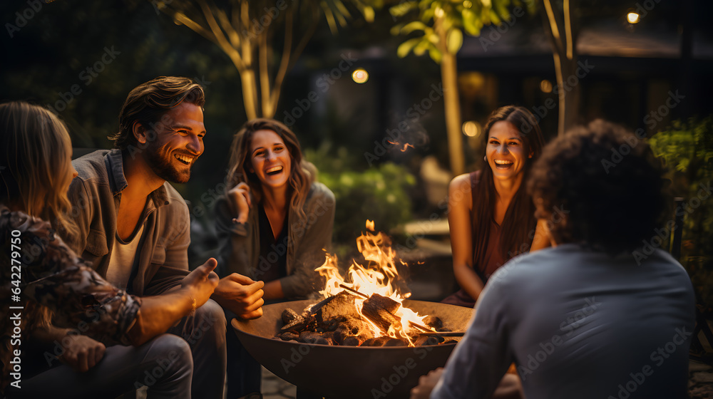 people sitting around a fire pit laughing and laughing Generative AI - obrazy, fototapety, plakaty 