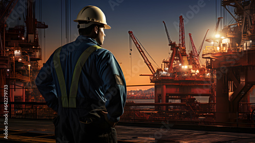 arafed man in hardhat standing in front of a large oil rig Generative AI © Bipul Kumar