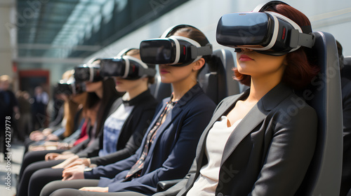 people wearing virtual reality headsets sitting on a bench in a building Generative AI © Bipul Kumar