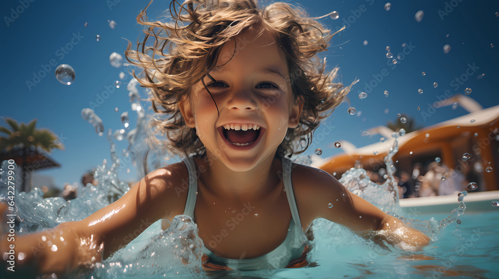 Happy moments of children playing in the pool