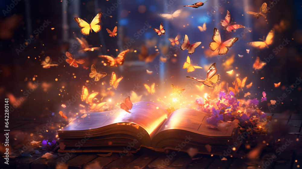 Obraz premium butterflies flying around an open book on a brick floor Generative AI