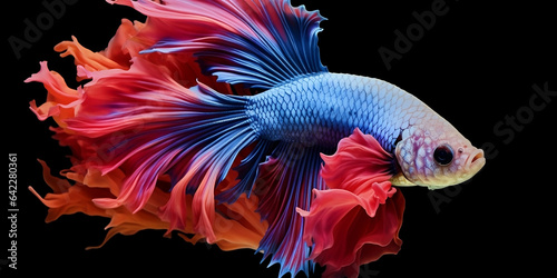 Siamese fish with flower tail and fins. Colorful floral fighting betta fish isolated on black. Amazing exotic floral tropical fish ai generated illustration © Poorna Himasha