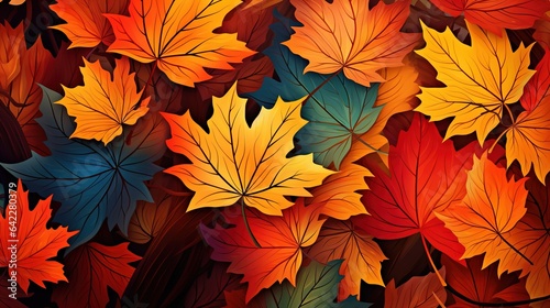 A vibrant autumn scene with colorful leaves on the ground and in the background