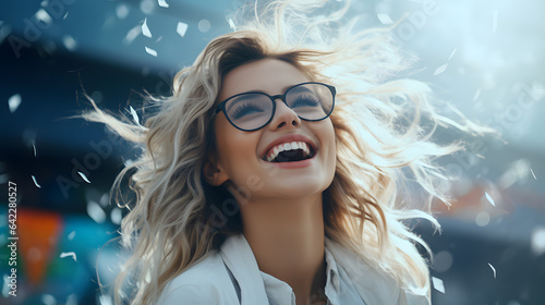 smiling woman with glasses and a white shirt on in the rain Generative AI