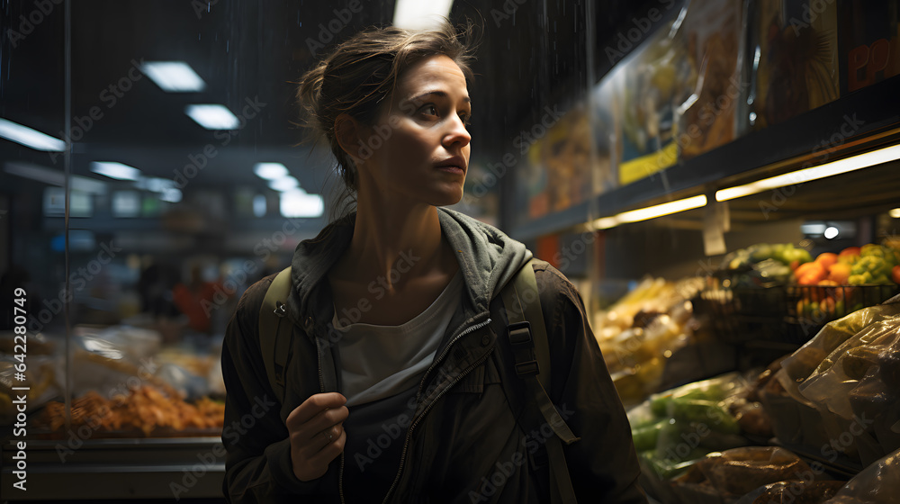 woman in a grocery store looking at vegetables in the rain Generative AI
