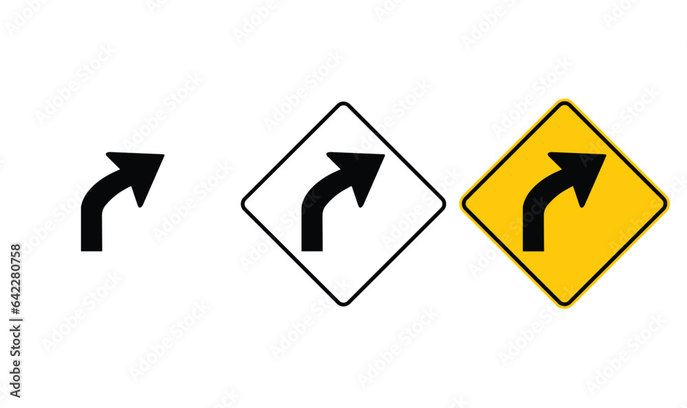 icon right curve  yellow outline traffic warning sign design for yellow background and black and white background