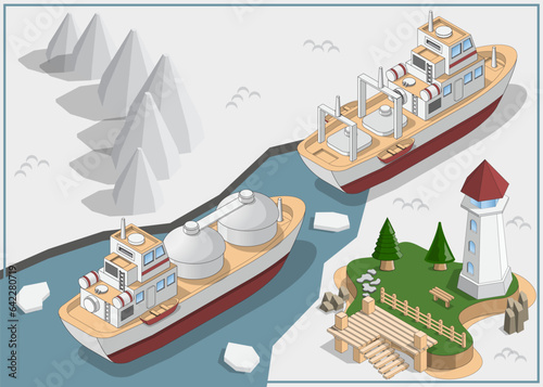 Ships in the ice. Isometric. Vector illustration.