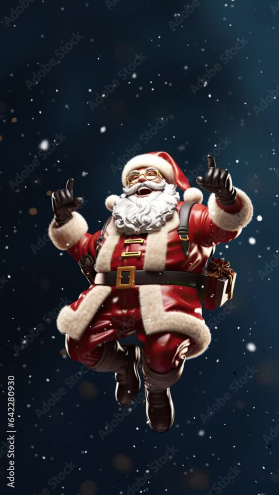 An animated scene with floating Santa Claus with snow falling around him. An animated scene with floating Santa Claus with snow falling around him.